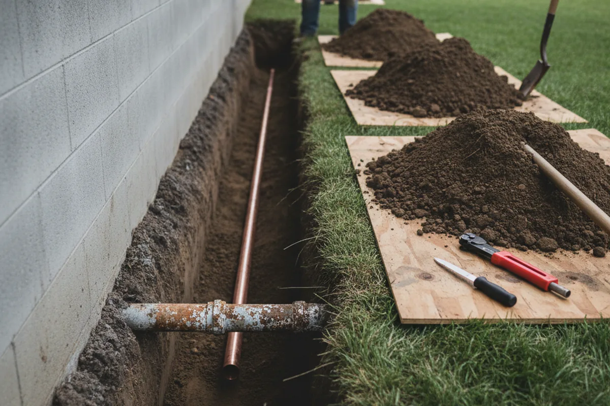 Excavated water line trench during Water Heater Repair in Eureka